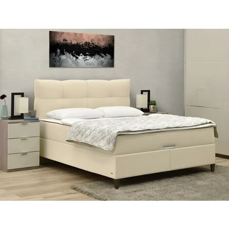 Set Letto Deco Completo 160x200cm Tessuto Beige CAGLIARI Di DREAMEA: Testata + Base Letto Con Vano + Materasso 3 Set Letto Deco Completo 160x200cm Tessuto Beige CAGLIARI Di DREAMEA: Testata + Base Letto Con Vano + Materasso