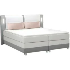 Set Boxspring Testata LED+reti+materasso+topper 160x200cm Tessuto Similpelle Grigio Bianco - RIMINI Di DREAMEA