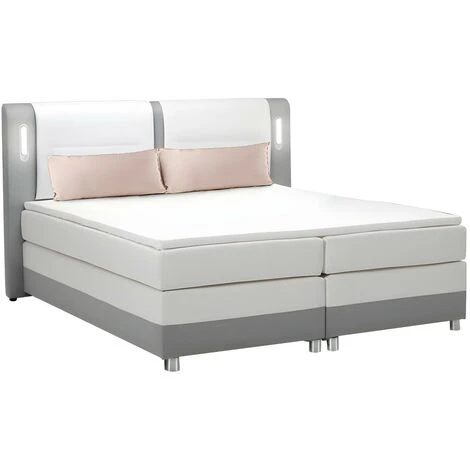 Set Boxspring Testata LED+reti+materasso+topper 160x200cm Tessuto Similpelle Grigio Bianco - RIMINI Di DREAMEA 5 Set Boxspring Testata LED+reti+materasso+topper 160x200cm Tessuto Similpelle Grigio Bianco - RIMINI Di DREAMEA - immagine 3
