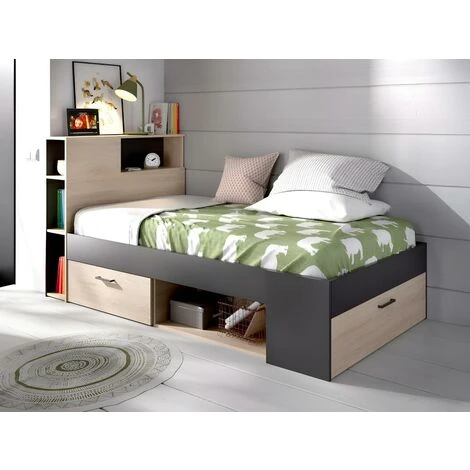 Letto Singolo Con Testiera Portaoggetti E Cassetti 90 X 190 Cm Rovere E Antracite - LEANDRE 4 Letto Singolo Con Testiera Portaoggetti E Cassetti 90 X 190 Cm Rovere E Antracite - LEANDRE - immagine 2