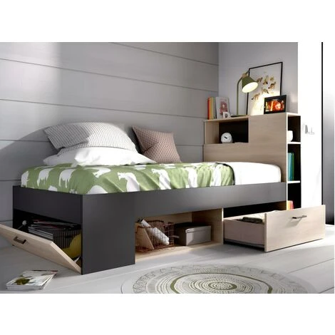 Letto Singolo Con Testiera Portaoggetti E Cassetti 90 X 190 Cm Rovere E Antracite - LEANDRE 5 Letto Singolo Con Testiera Portaoggetti E Cassetti 90 X 190 Cm Rovere E Antracite - LEANDRE - immagine 3