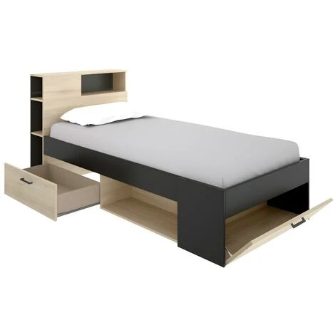 Letto Singolo Con Testiera Portaoggetti E Cassetti 90 X 190 Cm Rovere E Antracite - LEANDRE 7 Letto Singolo Con Testiera Portaoggetti E Cassetti 90 X 190 Cm Rovere E Antracite - LEANDRE - immagine 5