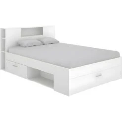 Letto Matrimoniale Alla Francese Con Testiera Portaoggetti E Cassetti 140 X 190 Cm Bianco - LEANDRE