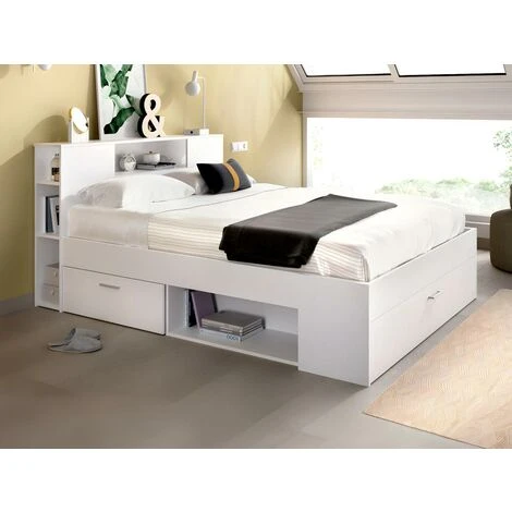 Letto Matrimoniale Alla Francese Con Testiera Portaoggetti E Cassetti 140 X 190 Cm Bianco - LEANDRE 4 Letto Matrimoniale Alla Francese Con Testiera Portaoggetti E Cassetti 140 X 190 Cm Bianco - LEANDRE - immagine 2