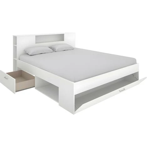 Letto Matrimoniale Alla Francese Con Testiera Portaoggetti E Cassetti 140 X 190 Cm Bianco - LEANDRE 6 Letto Matrimoniale Alla Francese Con Testiera Portaoggetti E Cassetti 140 X 190 Cm Bianco - LEANDRE - immagine 4