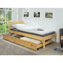 Dmora Cassetto Con Ruote Estraibile Per Letto, In Pino Massello Color Naturale, Misure 199 X 94 X 22 Cm