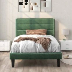 Letto Imbottitoetto In Tessuto Velluto Con Giroletto E Testiera, 90x200cm, Verde Scuro