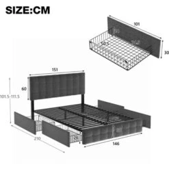 Letto Matrimoniale Con 4 Cassetti Rete A Doghe Testiera Regolabile, Facile Da Montare 140x200 Cm Grigio -LettoMania Italia 65296250 5