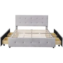 Letto Imbottito 140x200 Cm Letto Matrimoniale Con Cassetto E Schienale, Velluto Delicato Sulla Pelle, Letto Adulti, Grigio -LettoMania Italia 66435525 3