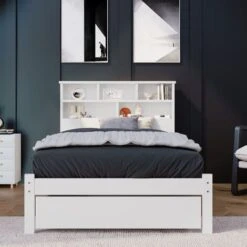 Letto Singolo 90x200 Cm, Con Cassetti E Doghe, Libreria, Stile Contemporaneo, Bianco