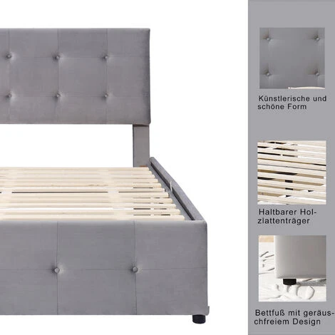 Letto Singolo 90 X 200 Cm Letto Imbottito Con Rete A Doghe, Schienale E 2 Cassetti Per Bambini, Velluto Grigio 7 Letto Singolo 90 X 200 Cm Letto Imbottito Con Rete A Doghe, Schienale E 2 Cassetti Per Bambini, Velluto Grigio - immagine 5