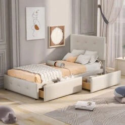 Letto Singolo 90 X 200 Cm Letto Imbottito Con Rete A Doghe, Schienale E 2 Cassetti Per Bambini, Velluto Beige