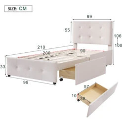 Letto Singolo 90 X 200 Cm Letto Imbottito Con Rete A Doghe, Schienale E 2 Cassetti Per Bambini, Velluto Beige -LettoMania Italia 71497528 3