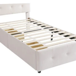 Letto Singolo 90 X 200 Cm Letto Imbottito Con Rete A Doghe, Schienale E 2 Cassetti Per Bambini, Velluto Beige -LettoMania Italia 71497528 4