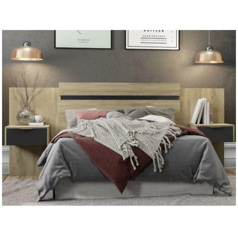 Testata Letto Allungabile Con Comodini 140/160 Cm Naturale E Nero - PARATI 5 Testata Letto Allungabile Con Comodini 140/160 Cm Naturale E Nero - PARATI - immagine 3