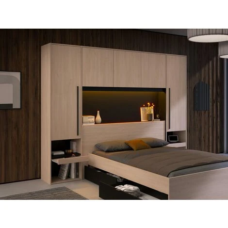 Armadio A Ponte Con Scomparti E LED L265 Cm Naturale E Nero - VELONA 4 Armadio A Ponte Con Scomparti E LED L265 Cm Naturale E Nero - VELONA - immagine 2