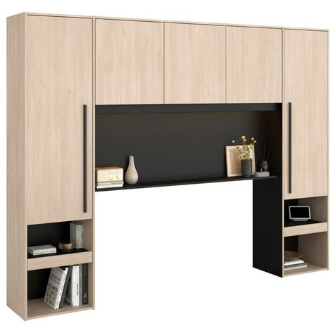 Armadio A Ponte Con Scomparti E LED L265 Cm Naturale E Nero - VELONA 7 Armadio A Ponte Con Scomparti E LED L265 Cm Naturale E Nero - VELONA - immagine 5