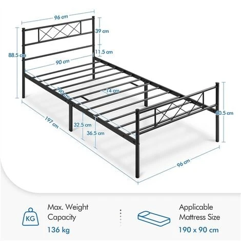 Yaheetech Struttura Letto In Metallo Con Testiera Telaio Con Rete A Doghe Per Camera Dormitorio Singolo 90 X 190 Cm Nero 5 Yaheetech Struttura Letto In Metallo Con Testiera Telaio Con Rete A Doghe Per Camera Dormitorio Singolo 90 X 190 Cm Nero - immagine 3