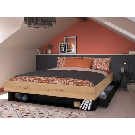 Letto Con Cassetto E Nicchia 160 X 200 Cm Naturale E Nero - MISTA 4 Letto Con Cassetto E Nicchia 160 X 200 Cm Naturale E Nero - MISTA - immagine 2