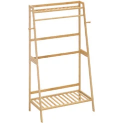 HOMCOM Appendiabiti Da Terra In Bambù Con 2 Ganci Laterali E 2 Ripiani Inferiori Aperti, 82x36.8x140 Cm, Color Legno