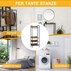 HOMCOM Appendiabiti Da Terra Con 1 Asta E 4 Ripiani Aperti In Truciolato E Acciaio, 60x40x180 Cm, Marrone -LettoMania Italia 77067227 4