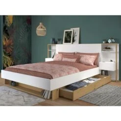 Letto Con Comodini E Scomparti 160 X 200 Cm Bianco E Naturale - MISTA -LettoMania Italia 77514526 3
