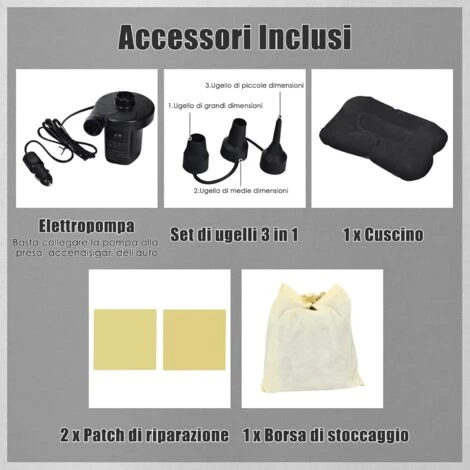 COSTWAY Materasso Gonfiabile Da Auto, Lettino Gonfiabile Con Pompa Elettrica E Borsa Di Stoccaggio, Superficie Di Floccaggio Impermeabile, Per Auto Campeggio 6 COSTWAY Materasso Gonfiabile Da Auto, Lettino Gonfiabile Con Pompa Elettrica E Borsa Di Stoccaggio, Superficie Di Floccaggio Impermeabile, Per Auto Campeggio - immagine 4