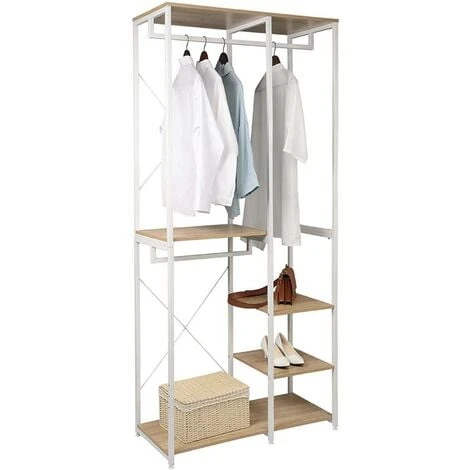 WOLTU Attaccapanni Stand Appendiabiti Con Scaffali Legno Metallo 90x40x204.5cm Bianco + Rovere Chiaro 4 WOLTU Attaccapanni Stand Appendiabiti Con Scaffali Legno Metallo 90x40x204.5cm Bianco + Rovere Chiaro - immagine 2