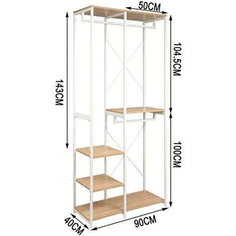 WOLTU Attaccapanni Stand Appendiabiti Con Scaffali Legno Metallo 90x40x204.5cm Bianco + Rovere Chiaro 5 WOLTU Attaccapanni Stand Appendiabiti Con Scaffali Legno Metallo 90x40x204.5cm Bianco + Rovere Chiaro - immagine 3