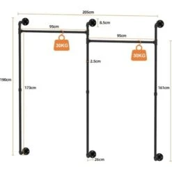 Tubo Appendiabiti Industriale Barra, Appendiabiti Asta Per Armadio Bastone Loft Design In Metallo Stender Guardaroba Per Cabina, 205x190cm -LettoMania Italia 82985380 3