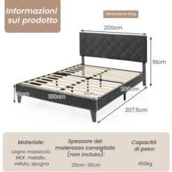 COSTWAY Telaio Del Letto A Piattaforma Imbottito, Struttura Letto Moderna Con Testiera, Piattaforma Letto Con Doghe In Legno, Carico Massimo 450kg (200 X 180 Cm) -LettoMania Italia 91541955 5