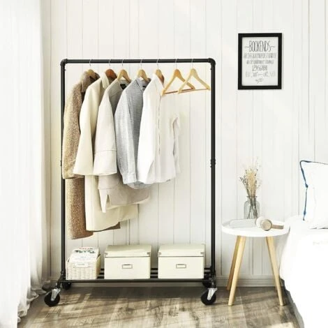 Songmics Appendiabiti In Stile Industriale Di Tubo Con Rotelle, Carico Massimo 90kg, Barra Singola Per Appendere Abbigliamento, Struttura In Metallo Per Uso Gravoso, Camera Da Letto, Lavanderia, Nero 4 Songmics Appendiabiti In Stile Industriale Di Tubo Con Rotelle, Carico Massimo 90kg, Barra Singola Per Appendere Abbigliamento, Struttura In Metallo Per Uso Gravoso, Camera Da Letto, Lavanderia, Nero - immagine 2