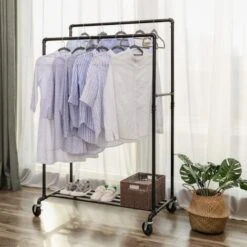 Songmics Appendiabiti In Stile Industriale Di Tubo Con Rotelle, Carico Massimo 110kg, Doppia Barra Per Appendere Abbigliamento, Struttura In Metallo Per Uso Gravoso, Uso Commerciale, Nero -LettoMania Italia 96923225 2