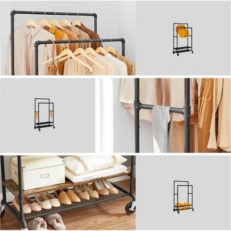 VASAGLE Stand Appendiabiti Doppio, Appendiabiti Con Ruote E 2 Barre, 2 Ripiani, Design Industriale A Tubo, Marrone Vintage E Nero Da SONGMICS 6 VASAGLE Stand Appendiabiti Doppio, Appendiabiti Con Ruote E 2 Barre, 2 Ripiani, Design Industriale A Tubo, Marrone Vintage E Nero Da SONGMICS - immagine 4