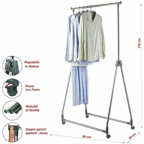 Stand Appendiabiti Pieghevole Acciaio Asta Allungabile Regolabile Ruote Grigio 5 Stand Appendiabiti Pieghevole Acciaio Asta Allungabile Regolabile Ruote Grigio - immagine 3