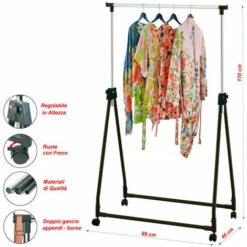 Stand Appendiabiti Pieghevole In Acciaio Asta Allungabile Regolabile Con Ruote -LettoMania Italia 97314852 3