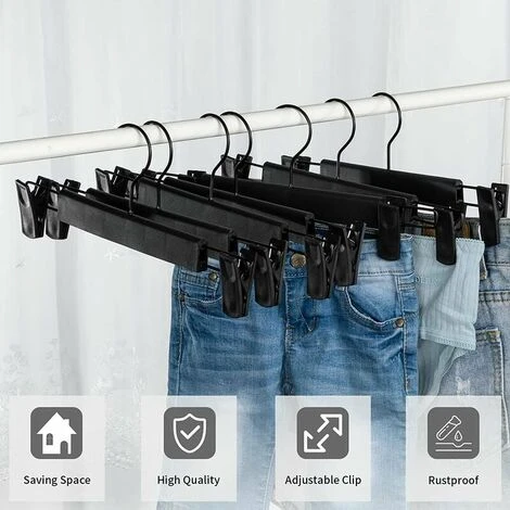 Set Di 10 Appendini Porta Pantaloni, Appendini Porta Gonne, Con 2 Clip Antiscivolo E Regolabili, Per Appendere Pantaloni, Calzini, Gonne - Nero 4 Set Di 10 Appendini Porta Pantaloni, Appendini Porta Gonne, Con 2 Clip Antiscivolo E Regolabili, Per Appendere Pantaloni, Calzini, Gonne - Nero - immagine 2