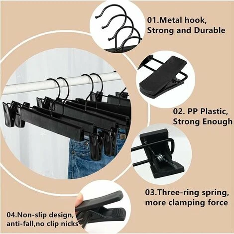 Set Di 10 Appendini Porta Pantaloni, Appendini Porta Gonne, Con 2 Clip Antiscivolo E Regolabili, Per Appendere Pantaloni, Calzini, Gonne - Nero 6 Set Di 10 Appendini Porta Pantaloni, Appendini Porta Gonne, Con 2 Clip Antiscivolo E Regolabili, Per Appendere Pantaloni, Calzini, Gonne - Nero - immagine 4