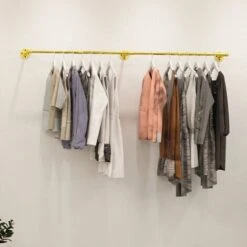 Barra Appendiabiti Da Parete Industriale Tubo Vintage Attaccapanni Da Muro Lunghezza Regolabile 90-180cm Per Appendere Vestiti, Oro