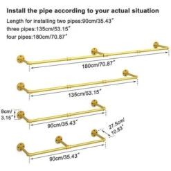 Barra Appendiabiti Da Parete Industriale Tubo Vintage Attaccapanni Da Muro Lunghezza Regolabile 90-180cm Per Appendere Vestiti, Oro -LettoMania Italia 99916233 3